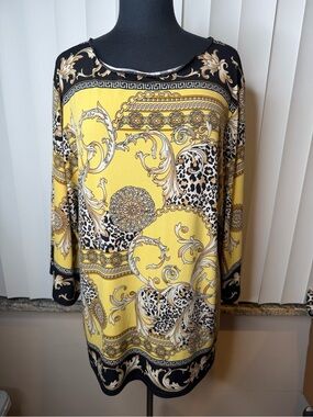 Joseph Ribkoff Printed Black Yellow Shift Knee Length Long Sleeve Dress Size 16